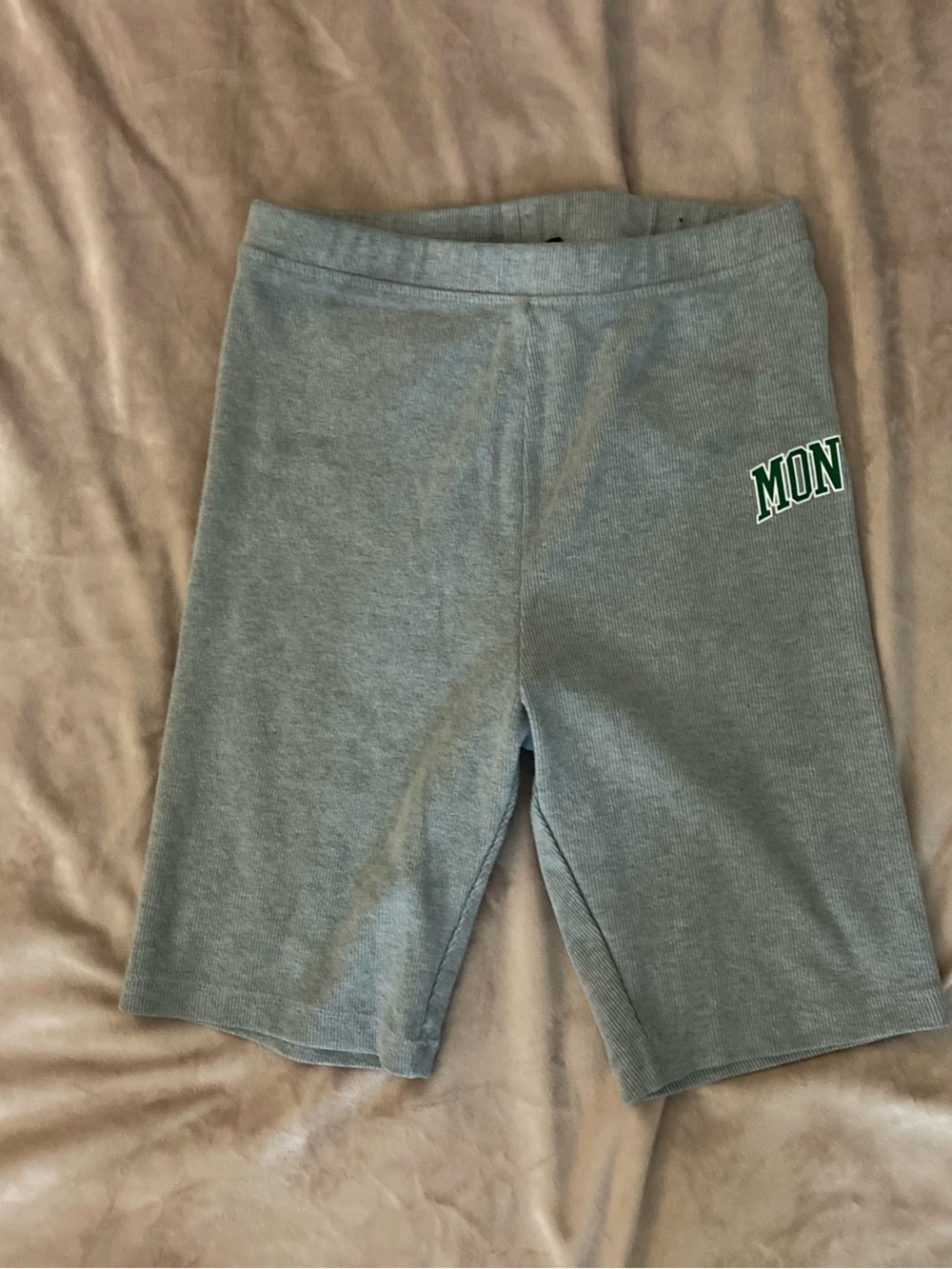 Forever 21 Gray Bike Shorts with Green 'MON' Accent